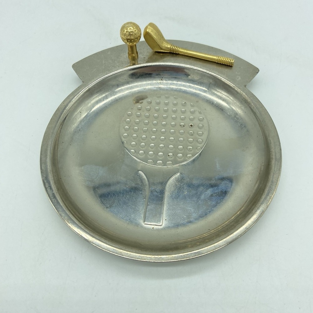 Golf‎ Trinket Dish Ashtray Gold Club Ball Metal Desk Man-Cave Decor Vintage